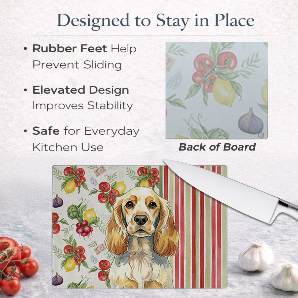 Picture of Carolines Treasures WDK8219LCB 11.25 x 15.25 in. Lemon Roan English Cocker Spaniel Vegetables Glass Cutting Board
