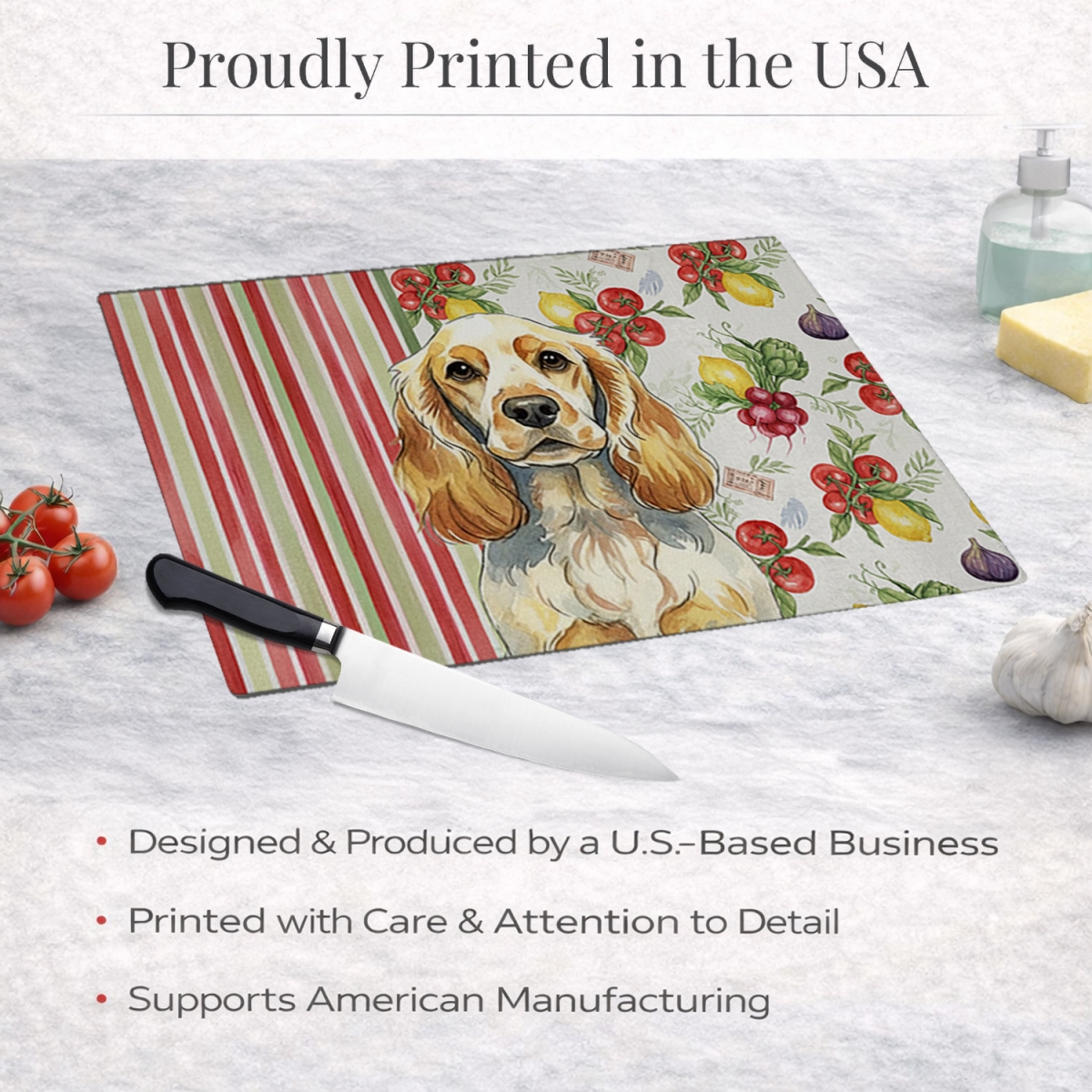 Picture of Carolines Treasures WDK8219LCB 11.25 x 15.25 in. Lemon Roan English Cocker Spaniel Vegetables Glass Cutting Board