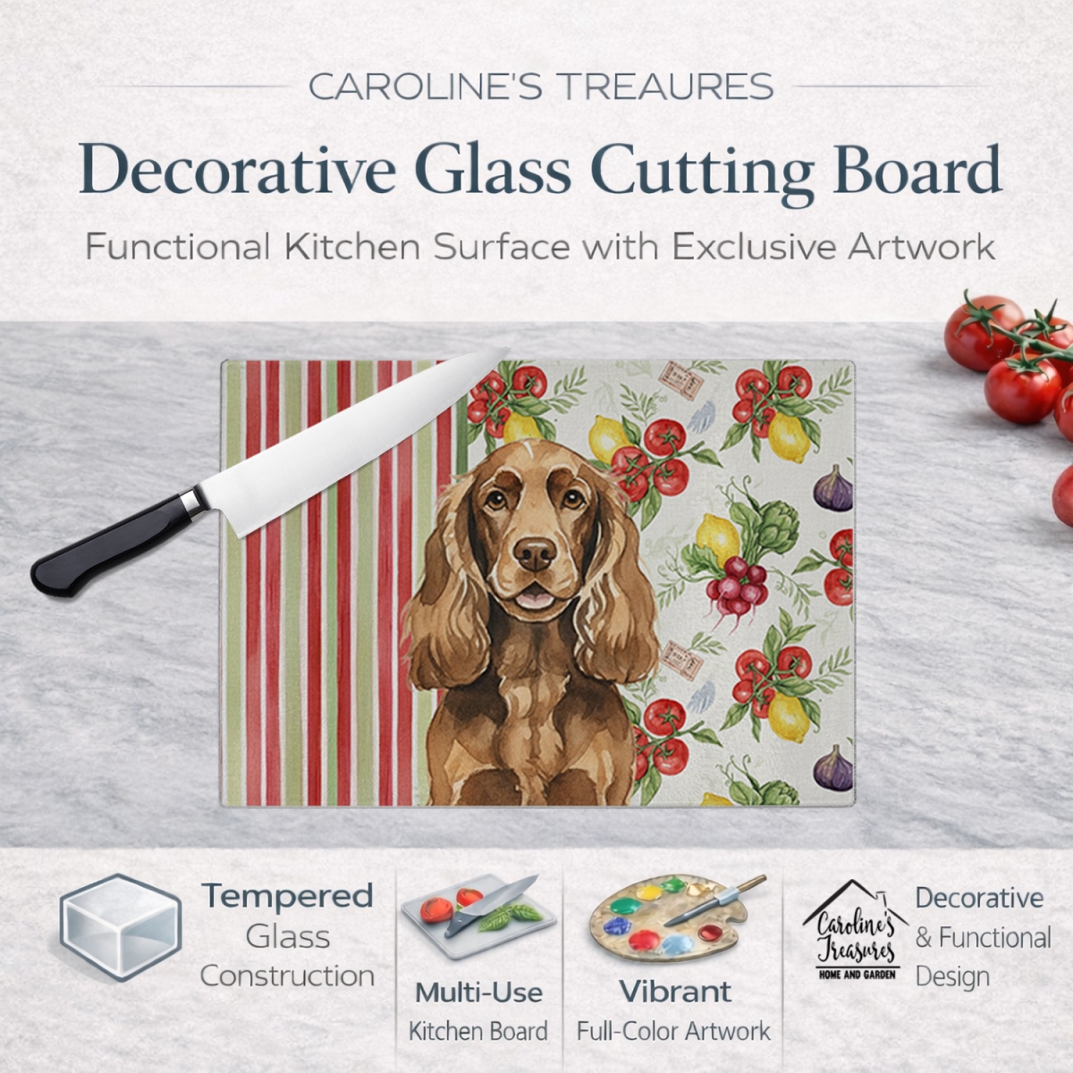 Picture of Carolines Treasures WDK8220LCB 11.25 x 15.25 in. Liver English Cocker Spaniel Vegetables Glass Cutting Board