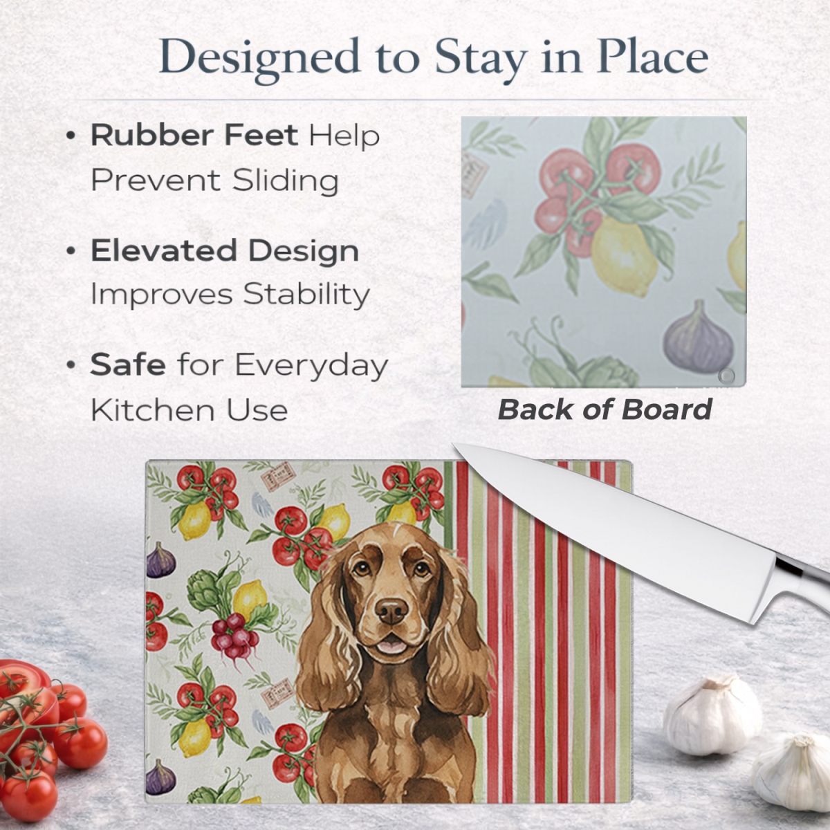 Picture of Carolines Treasures WDK8220LCB 11.25 x 15.25 in. Liver English Cocker Spaniel Vegetables Glass Cutting Board
