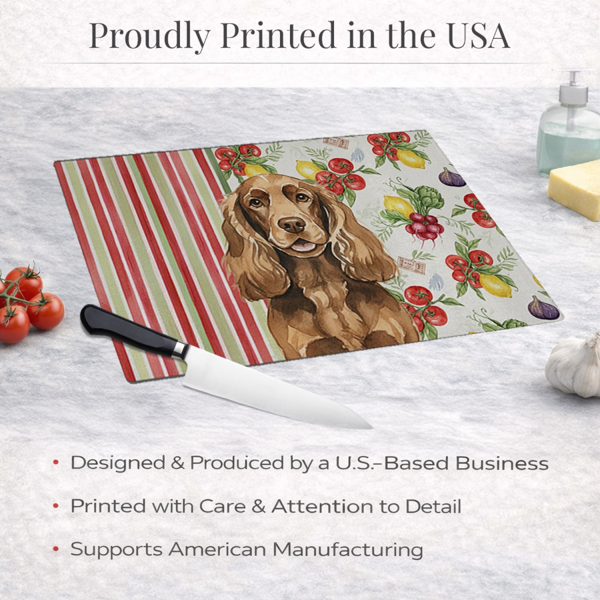 Picture of Carolines Treasures WDK8220LCB 11.25 x 15.25 in. Liver English Cocker Spaniel Vegetables Glass Cutting Board