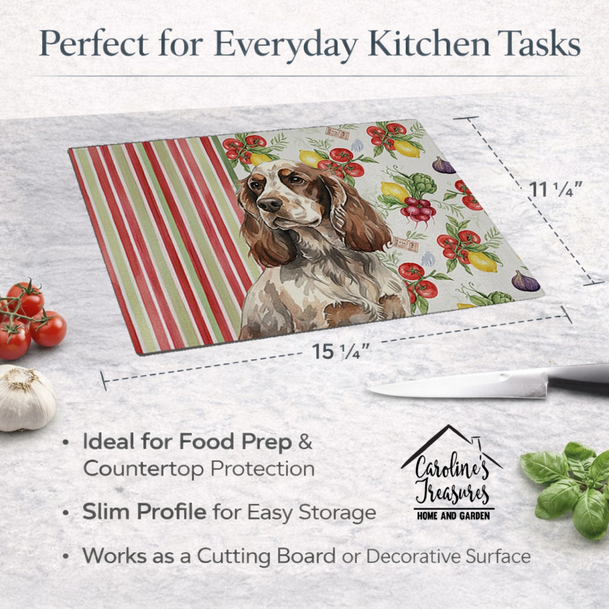 Picture of Carolines Treasures WDK8221LCB 11.25 x 15.25 in. Liver Roan English Cocker Spaniel Vegetables Glass Cutting Board