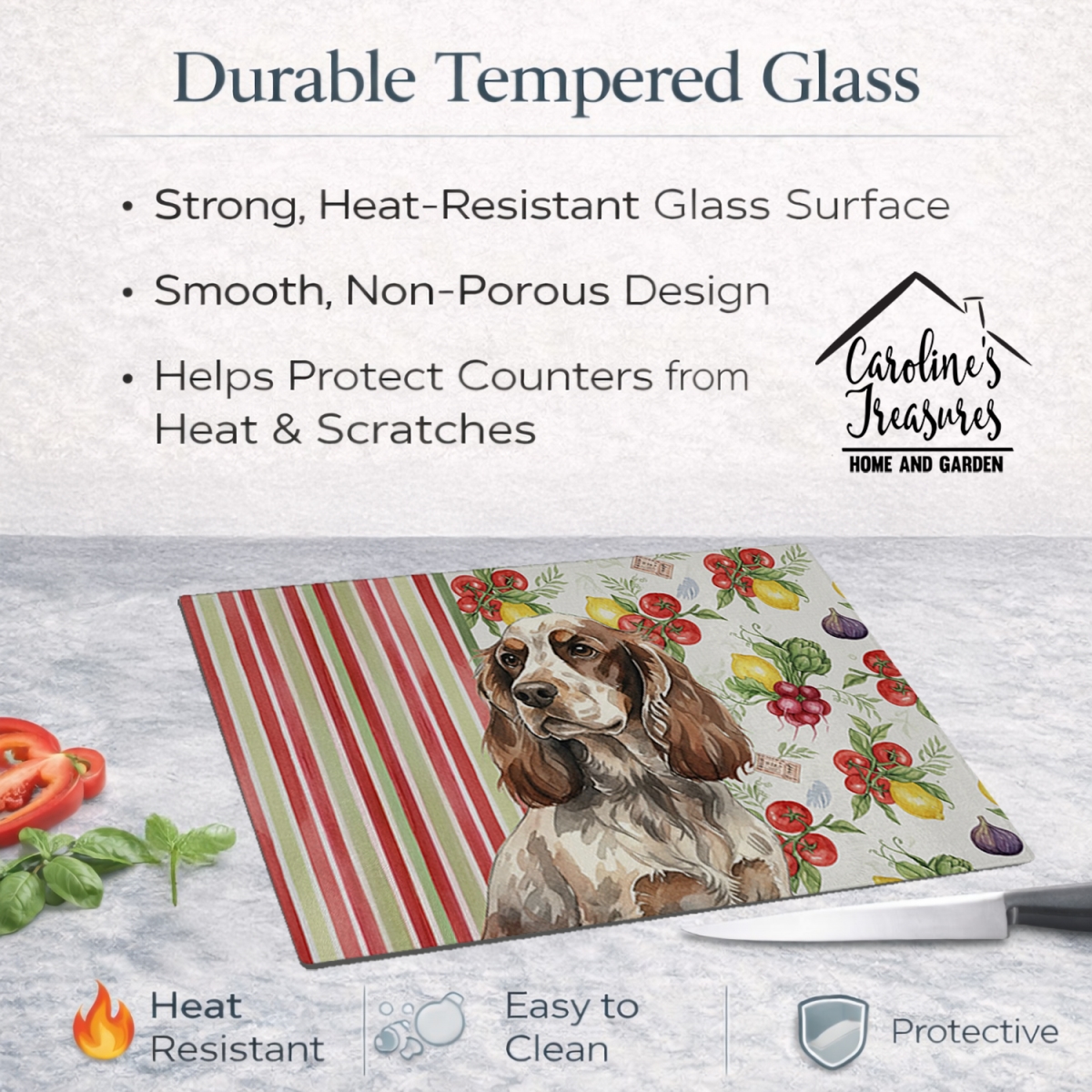 Picture of Carolines Treasures WDK8221LCB 11.25 x 15.25 in. Liver Roan English Cocker Spaniel Vegetables Glass Cutting Board