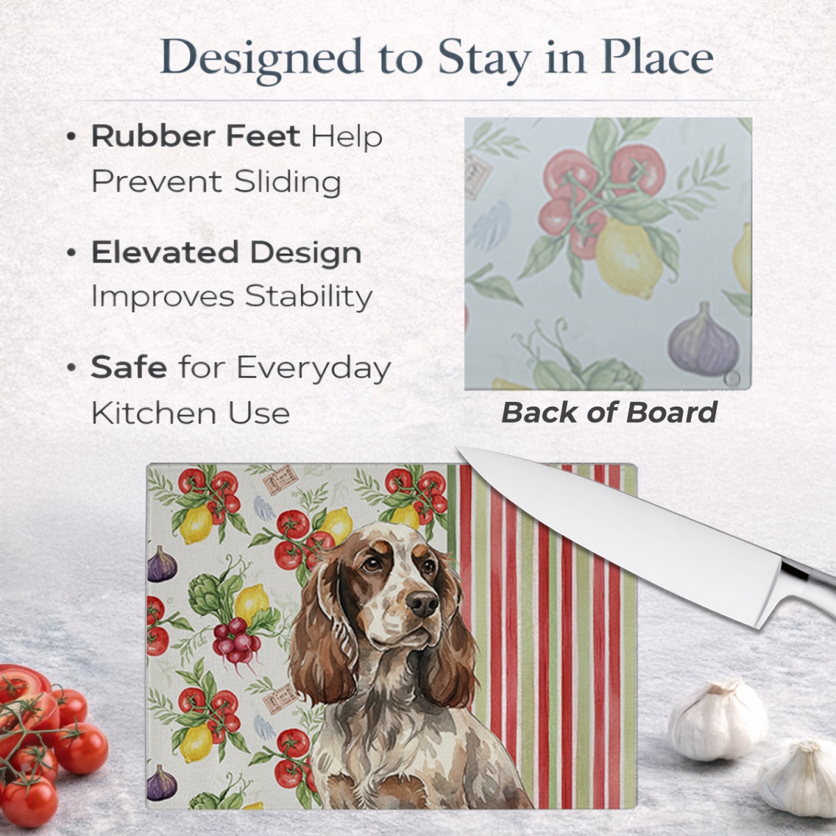 Picture of Carolines Treasures WDK8221LCB 11.25 x 15.25 in. Liver Roan English Cocker Spaniel Vegetables Glass Cutting Board