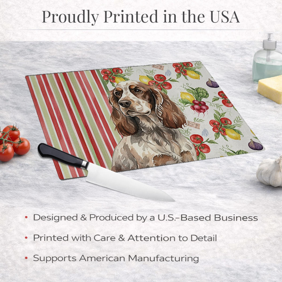 Picture of Carolines Treasures WDK8221LCB 11.25 x 15.25 in. Liver Roan English Cocker Spaniel Vegetables Glass Cutting Board