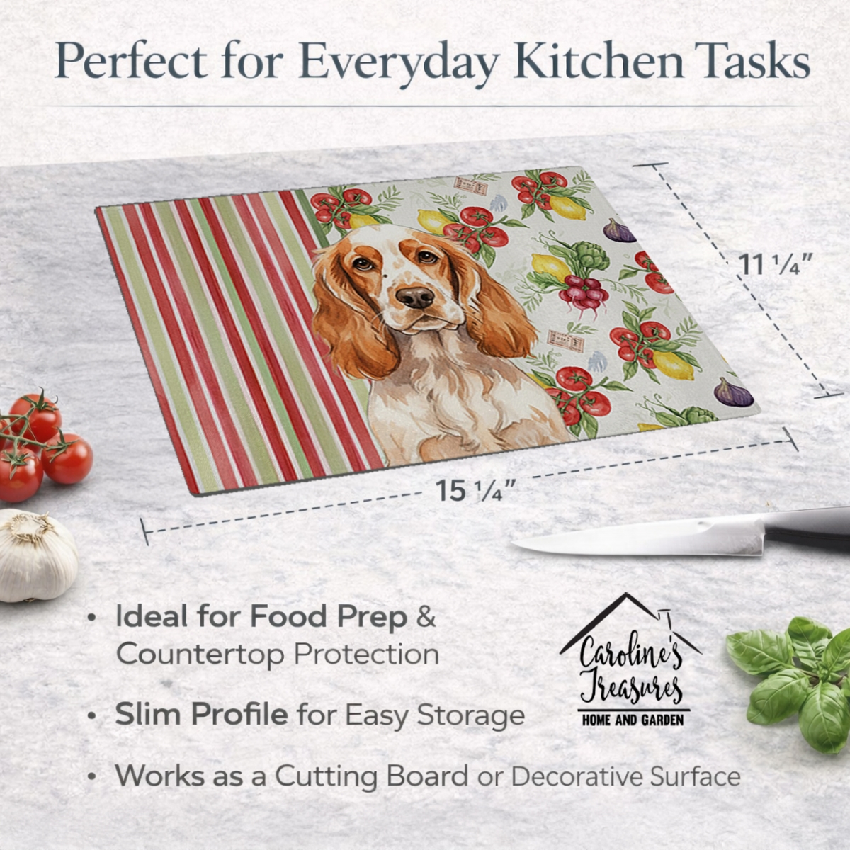 Picture of Carolines Treasures WDK8222LCB 11.25 x 15.25 in. Orange Roan English Cocker Spaniel Vegetables Glass Cutting Board