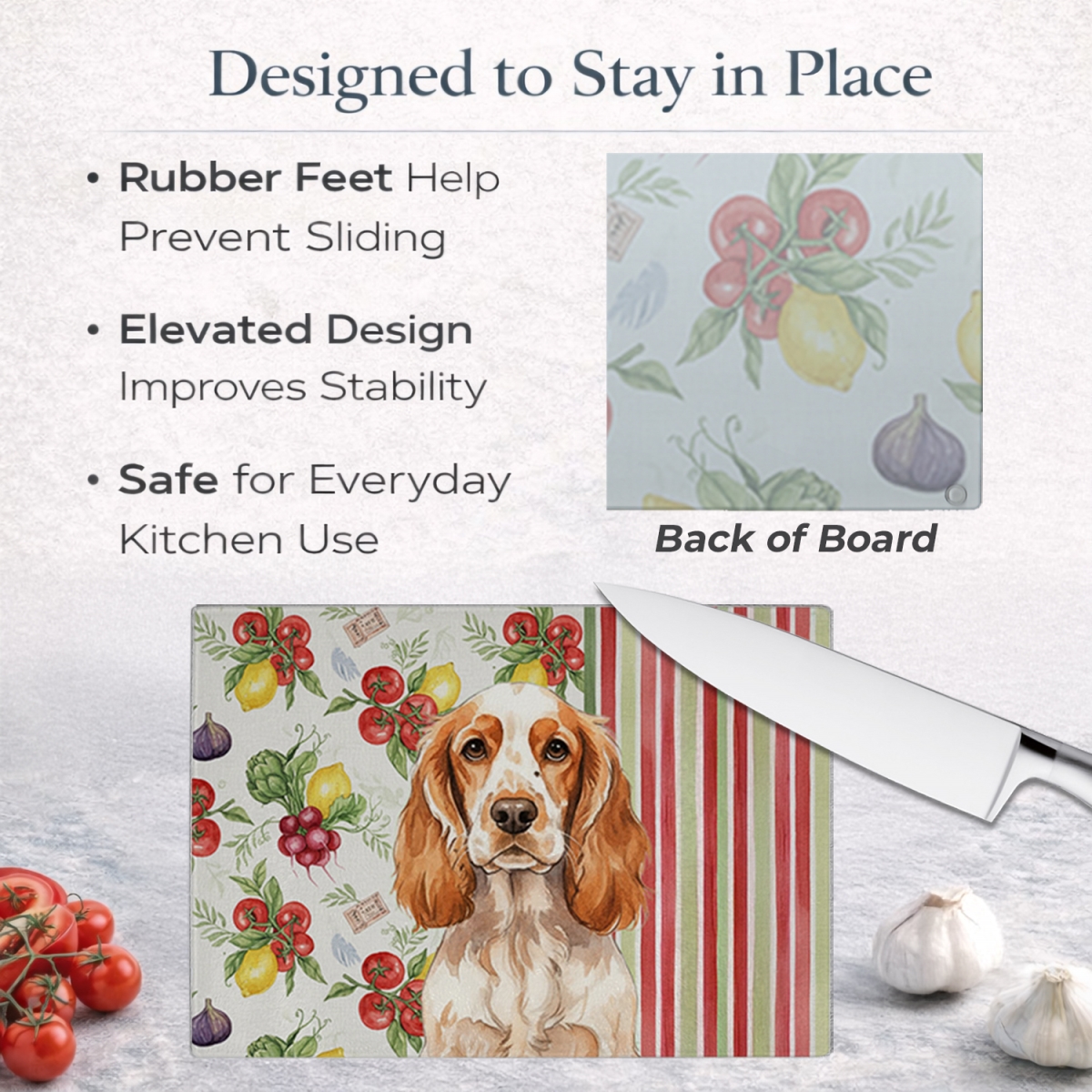 Picture of Carolines Treasures WDK8222LCB 11.25 x 15.25 in. Orange Roan English Cocker Spaniel Vegetables Glass Cutting Board