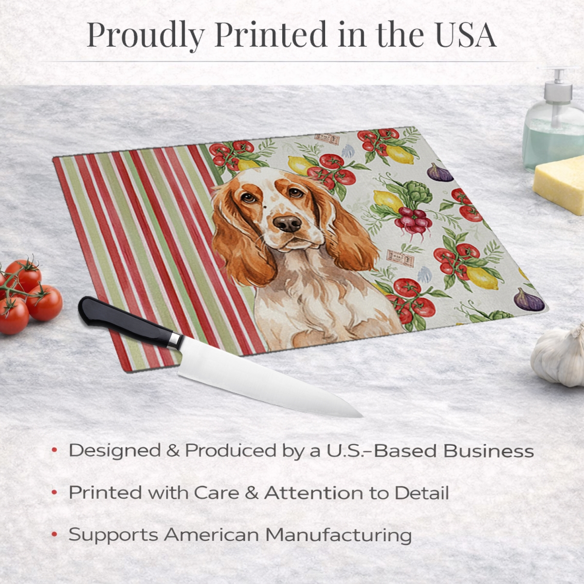 Picture of Carolines Treasures WDK8222LCB 11.25 x 15.25 in. Orange Roan English Cocker Spaniel Vegetables Glass Cutting Board