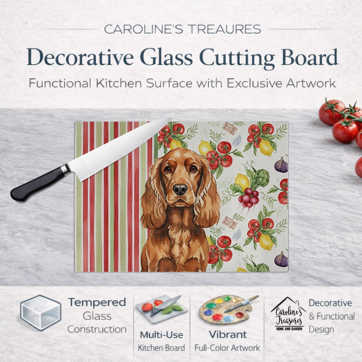 Picture of Carolines Treasures WDK8223LCB 11.25 x 15.25 in. Red English Cocker Spaniel Vegetables Glass Cutting Board