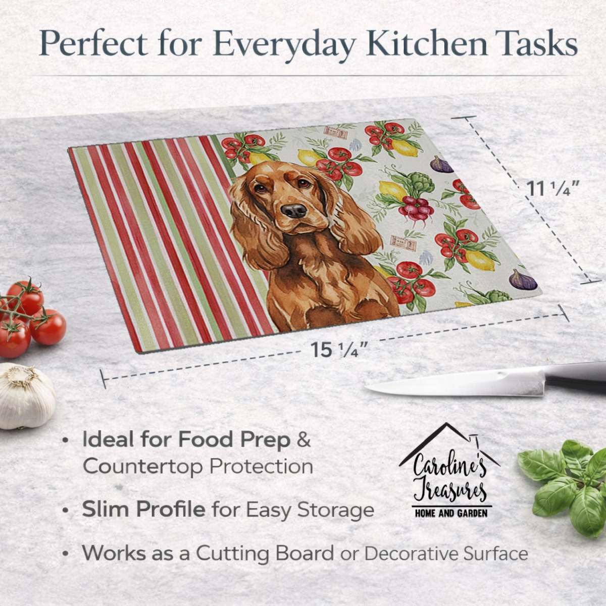 Picture of Carolines Treasures WDK8223LCB 11.25 x 15.25 in. Red English Cocker Spaniel Vegetables Glass Cutting Board