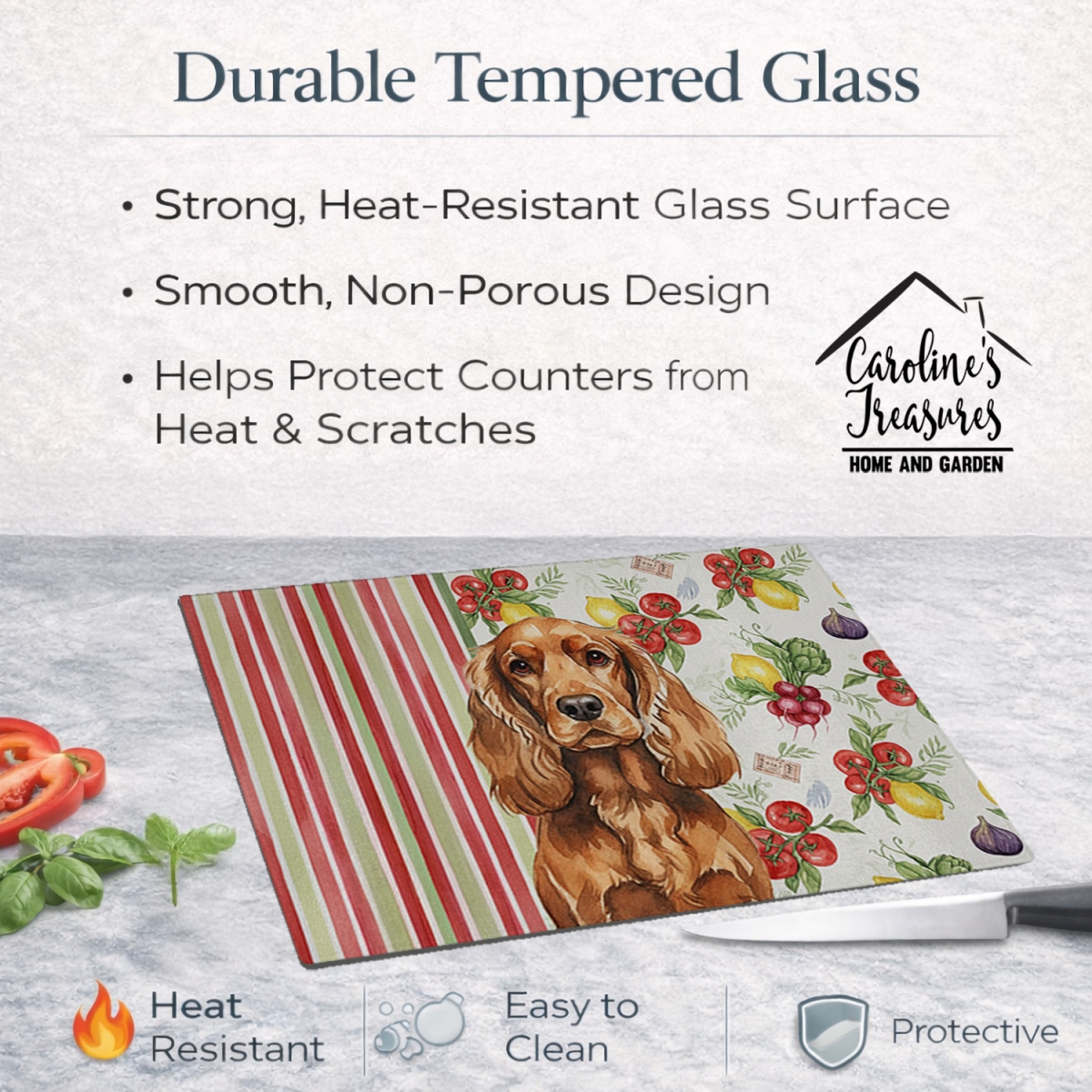 Picture of Carolines Treasures WDK8223LCB 11.25 x 15.25 in. Red English Cocker Spaniel Vegetables Glass Cutting Board