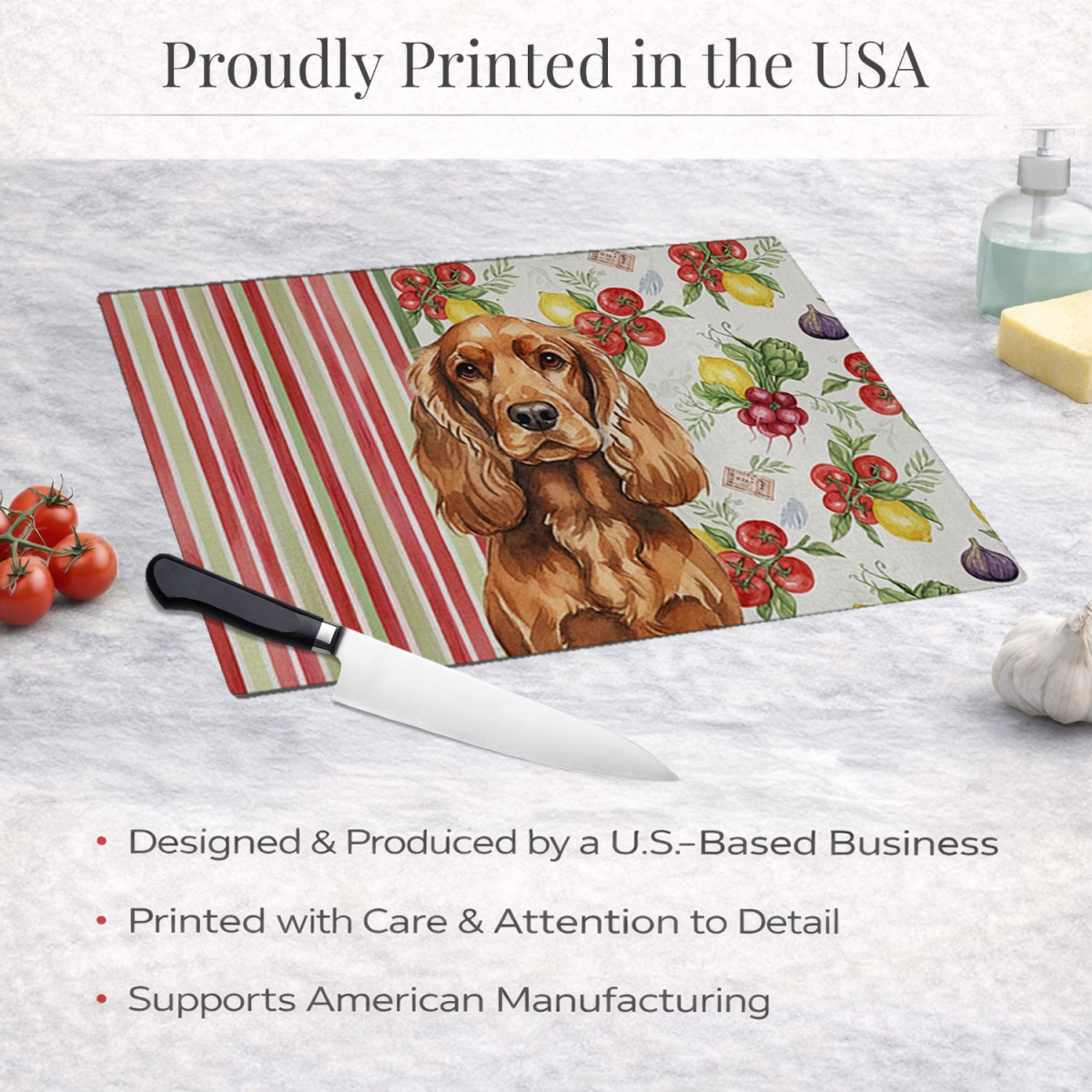 Picture of Carolines Treasures WDK8223LCB 11.25 x 15.25 in. Red English Cocker Spaniel Vegetables Glass Cutting Board