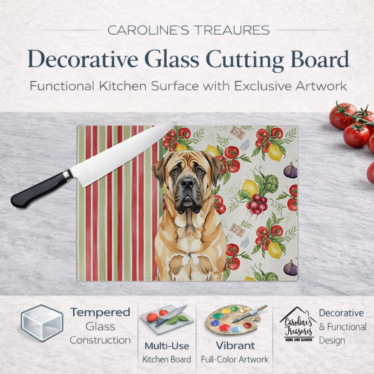 Picture of Carolines Treasures WDK8224LCB 11.25 x 15.25 in. Apricot English Mastiff Vegetables Glass Cutting Board