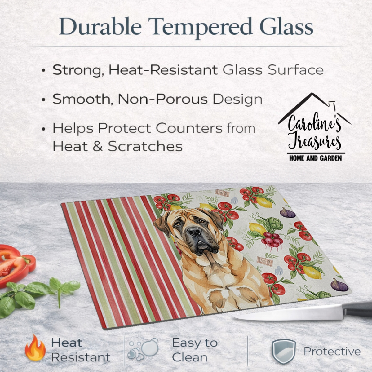 Picture of Carolines Treasures WDK8224LCB 11.25 x 15.25 in. Apricot English Mastiff Vegetables Glass Cutting Board