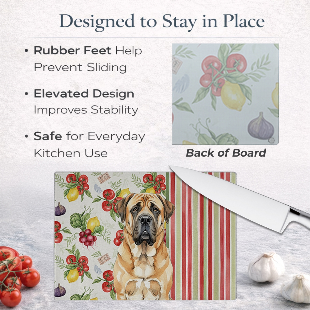 Picture of Carolines Treasures WDK8224LCB 11.25 x 15.25 in. Apricot English Mastiff Vegetables Glass Cutting Board