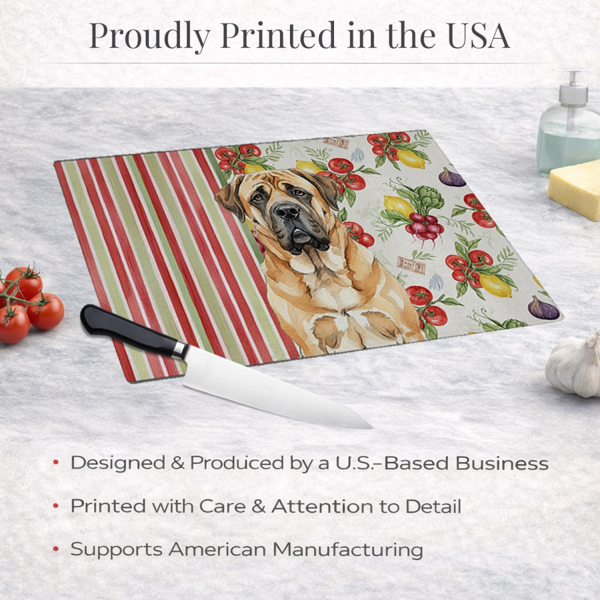 Picture of Carolines Treasures WDK8224LCB 11.25 x 15.25 in. Apricot English Mastiff Vegetables Glass Cutting Board