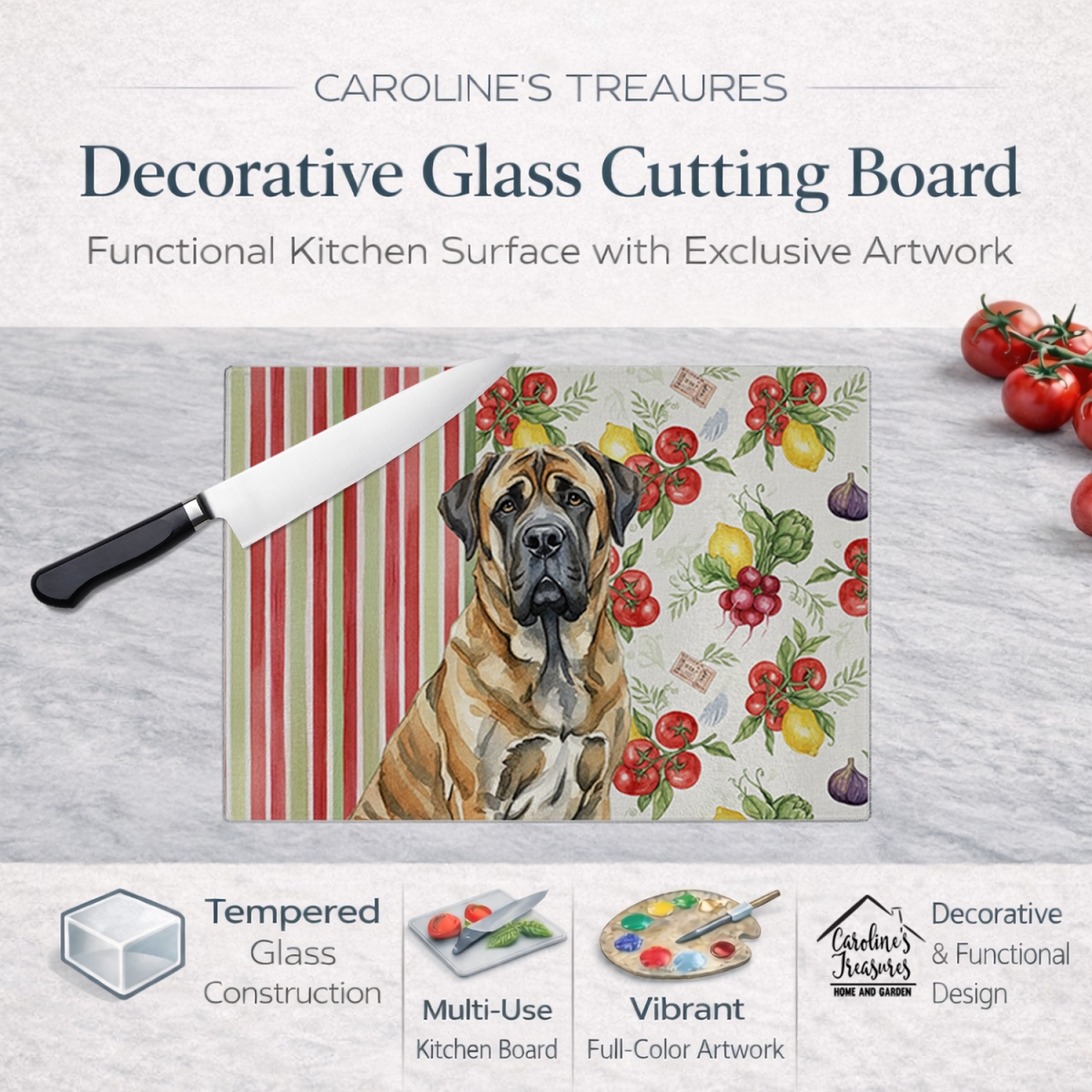 Picture of Carolines Treasures WDK8225LCB 11.25 x 15.25 in. Brindle English Mastiff Vegetables Glass Cutting Board