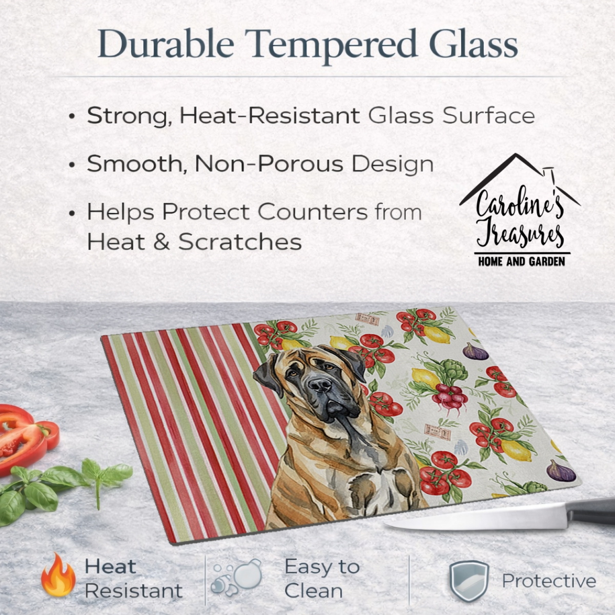 Picture of Carolines Treasures WDK8225LCB 11.25 x 15.25 in. Brindle English Mastiff Vegetables Glass Cutting Board