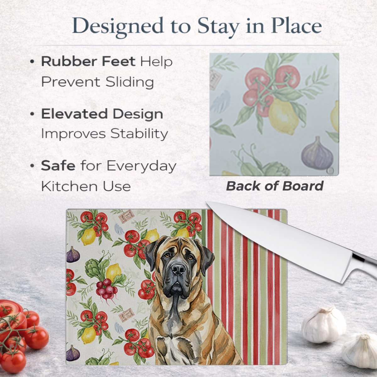 Picture of Carolines Treasures WDK8225LCB 11.25 x 15.25 in. Brindle English Mastiff Vegetables Glass Cutting Board