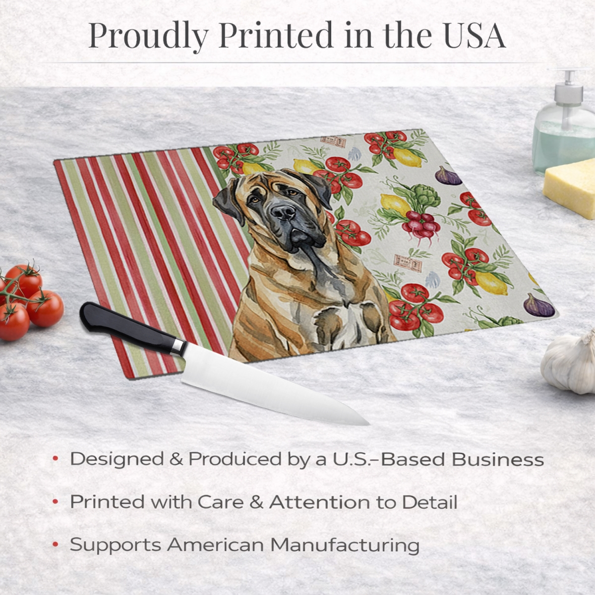 Picture of Carolines Treasures WDK8225LCB 11.25 x 15.25 in. Brindle English Mastiff Vegetables Glass Cutting Board