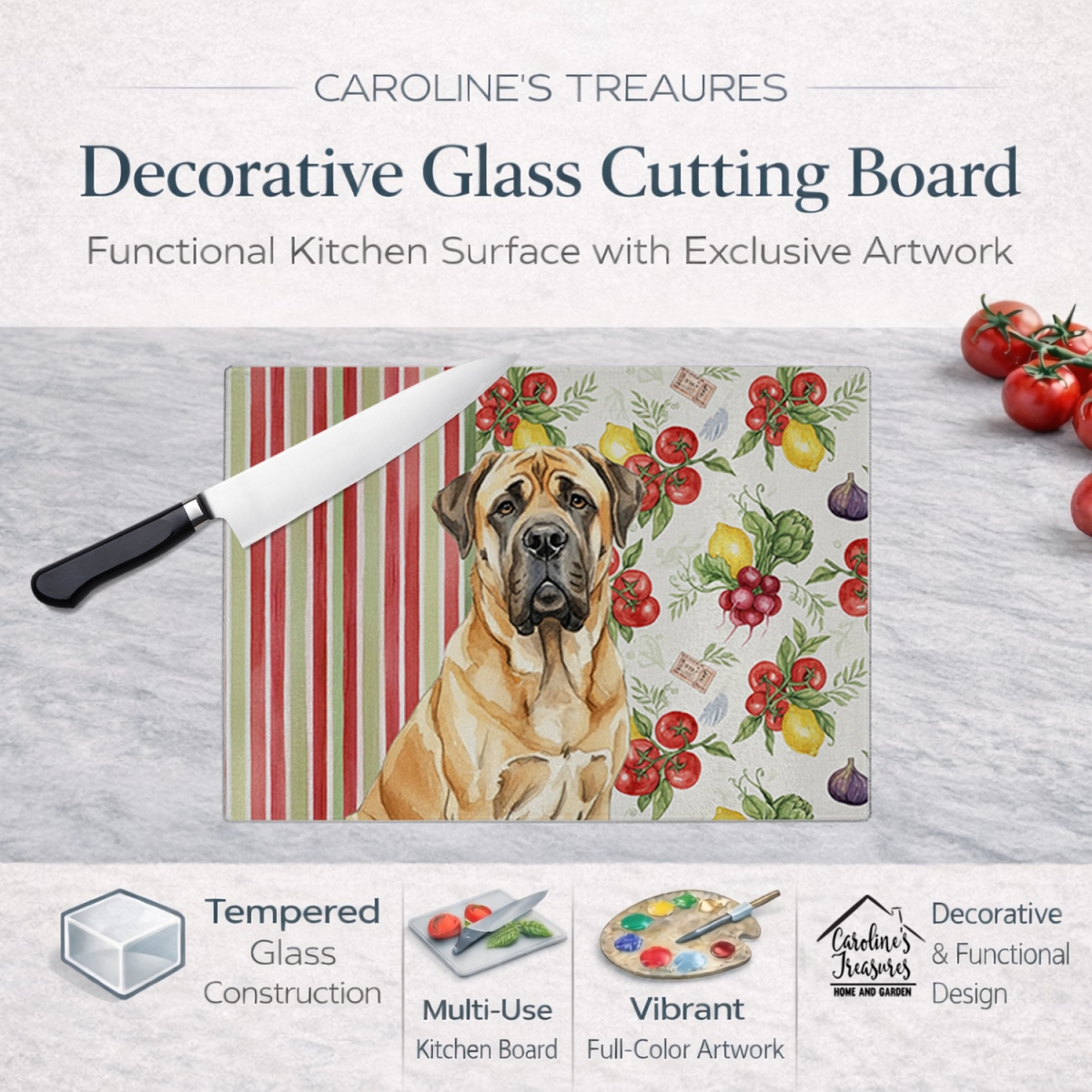 Picture of Carolines Treasures WDK8226LCB 11.25 x 15.25 in. Fawn English Mastiff Vegetables Glass Cutting Board