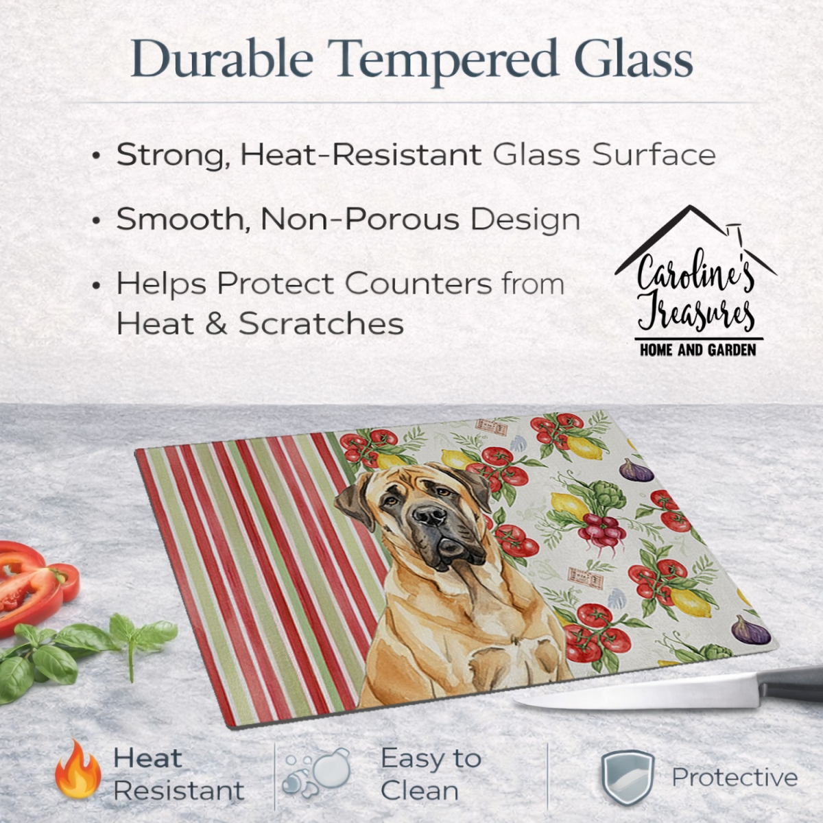 Picture of Carolines Treasures WDK8226LCB 11.25 x 15.25 in. Fawn English Mastiff Vegetables Glass Cutting Board