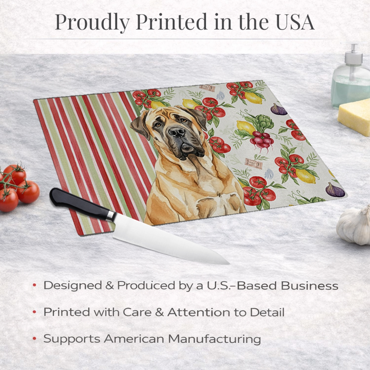 Picture of Carolines Treasures WDK8226LCB 11.25 x 15.25 in. Fawn English Mastiff Vegetables Glass Cutting Board