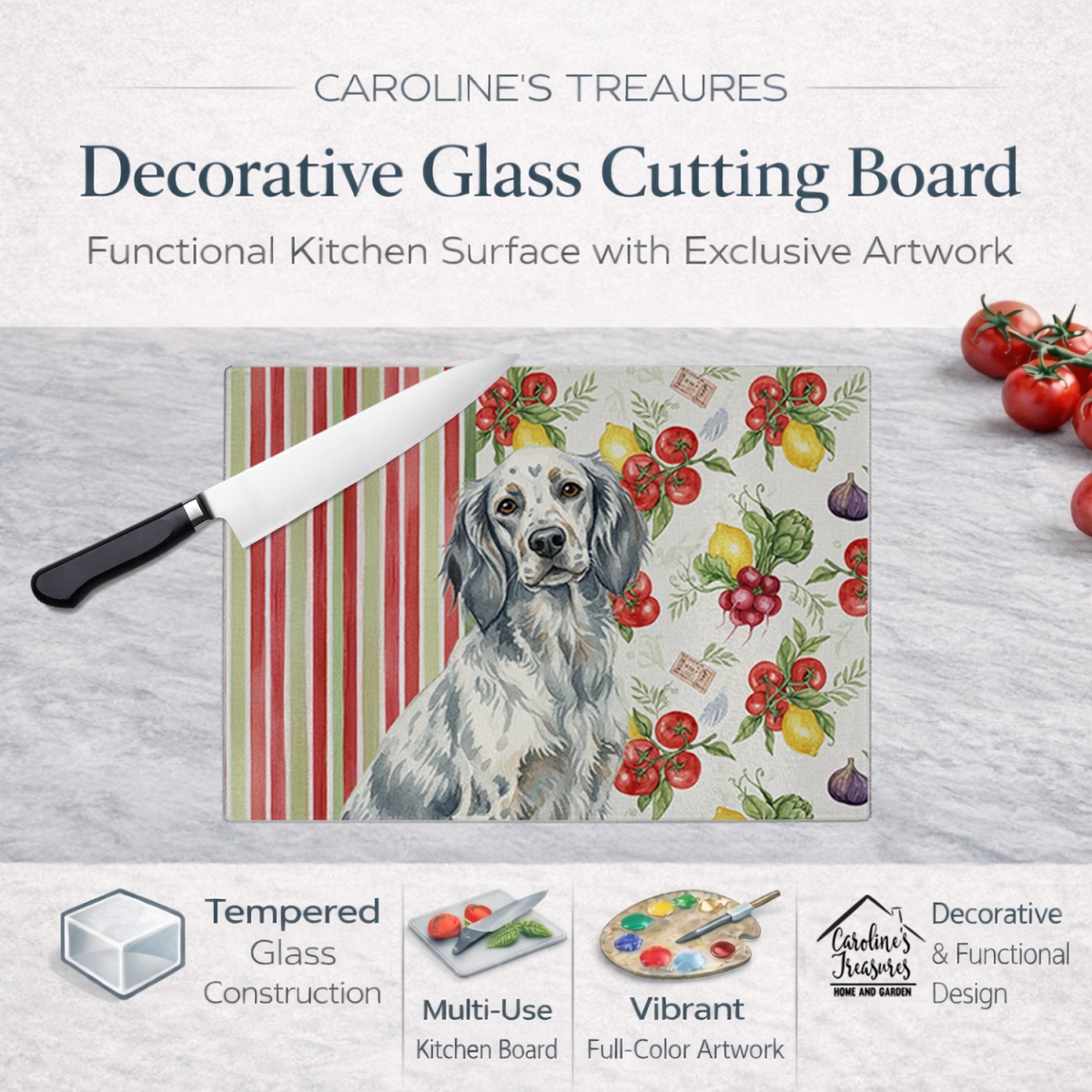 Picture of Carolines Treasures WDK8227LCB 11.25 x 15.25 in. Blue Belton English Setter Vegetables Glass Cutting Board