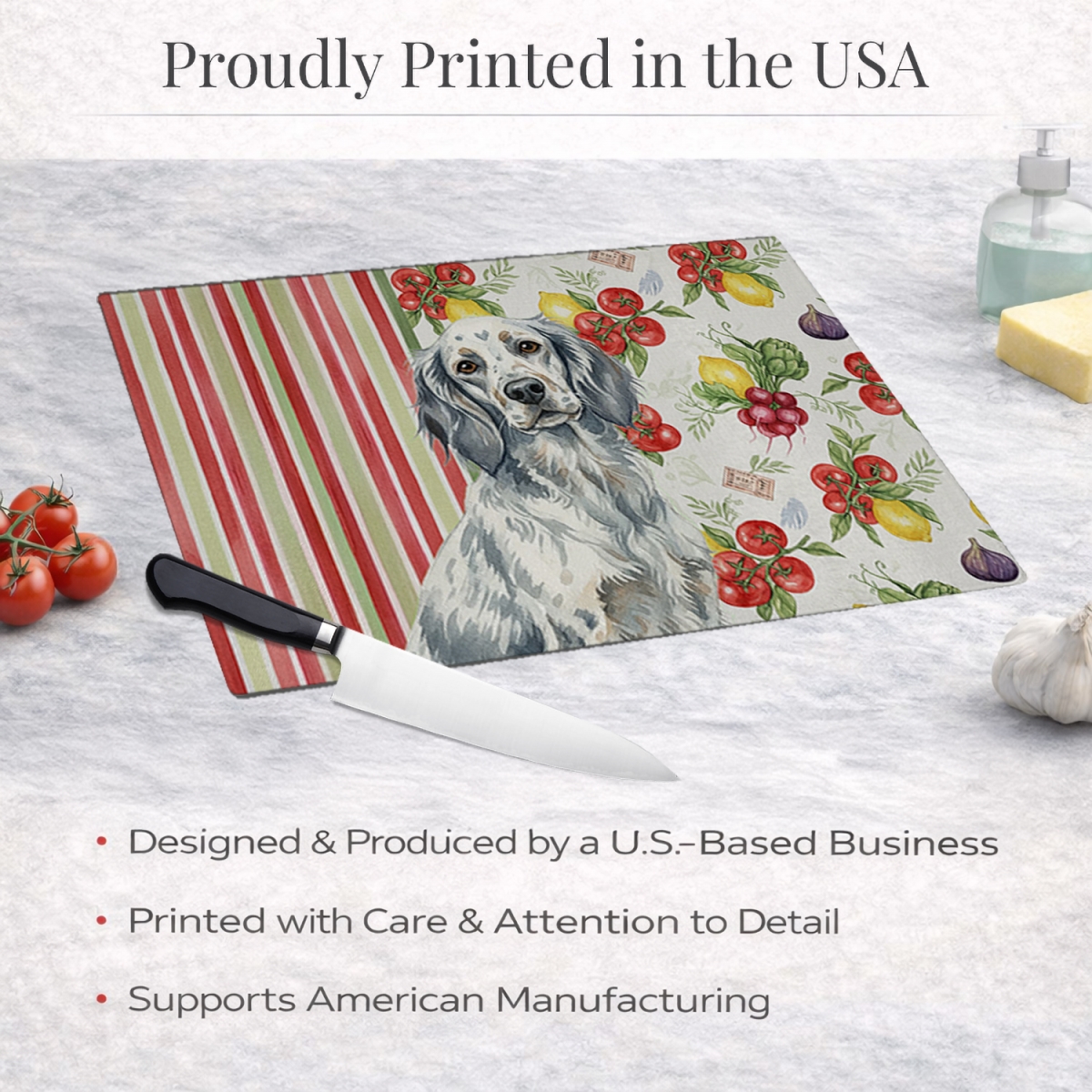 Picture of Carolines Treasures WDK8227LCB 11.25 x 15.25 in. Blue Belton English Setter Vegetables Glass Cutting Board