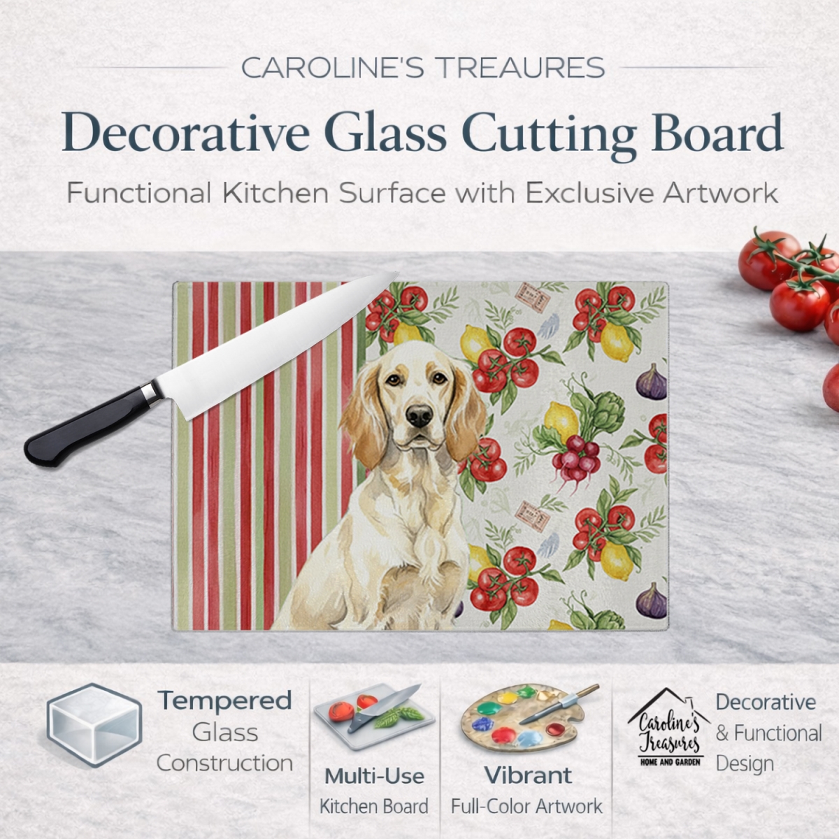 Picture of Carolines Treasures WDK8228LCB 11.25 x 15.25 in. Lemon Belton English Setter Vegetables Glass Cutting Board