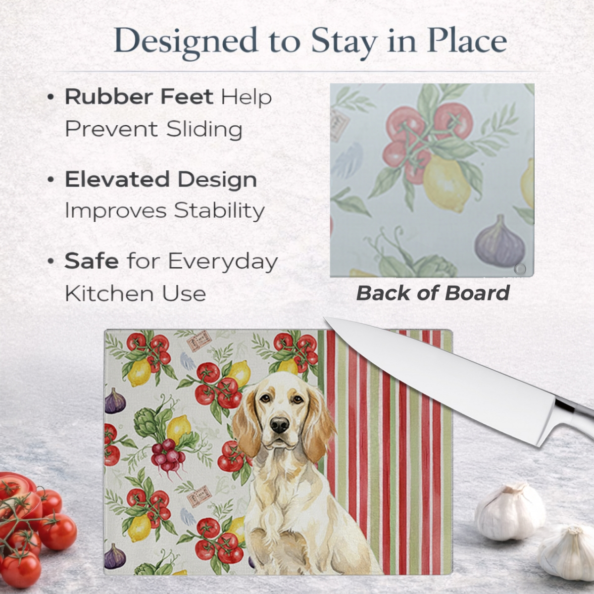 Picture of Carolines Treasures WDK8228LCB 11.25 x 15.25 in. Lemon Belton English Setter Vegetables Glass Cutting Board
