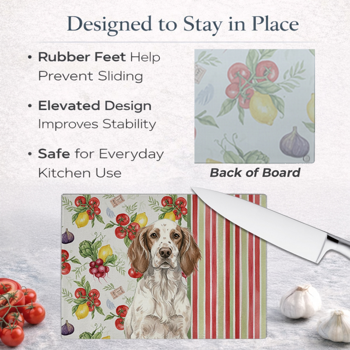 Picture of Carolines Treasures WDK8229LCB 11.25 x 15.25 in. Liver Belton English Setter Vegetables Glass Cutting Board