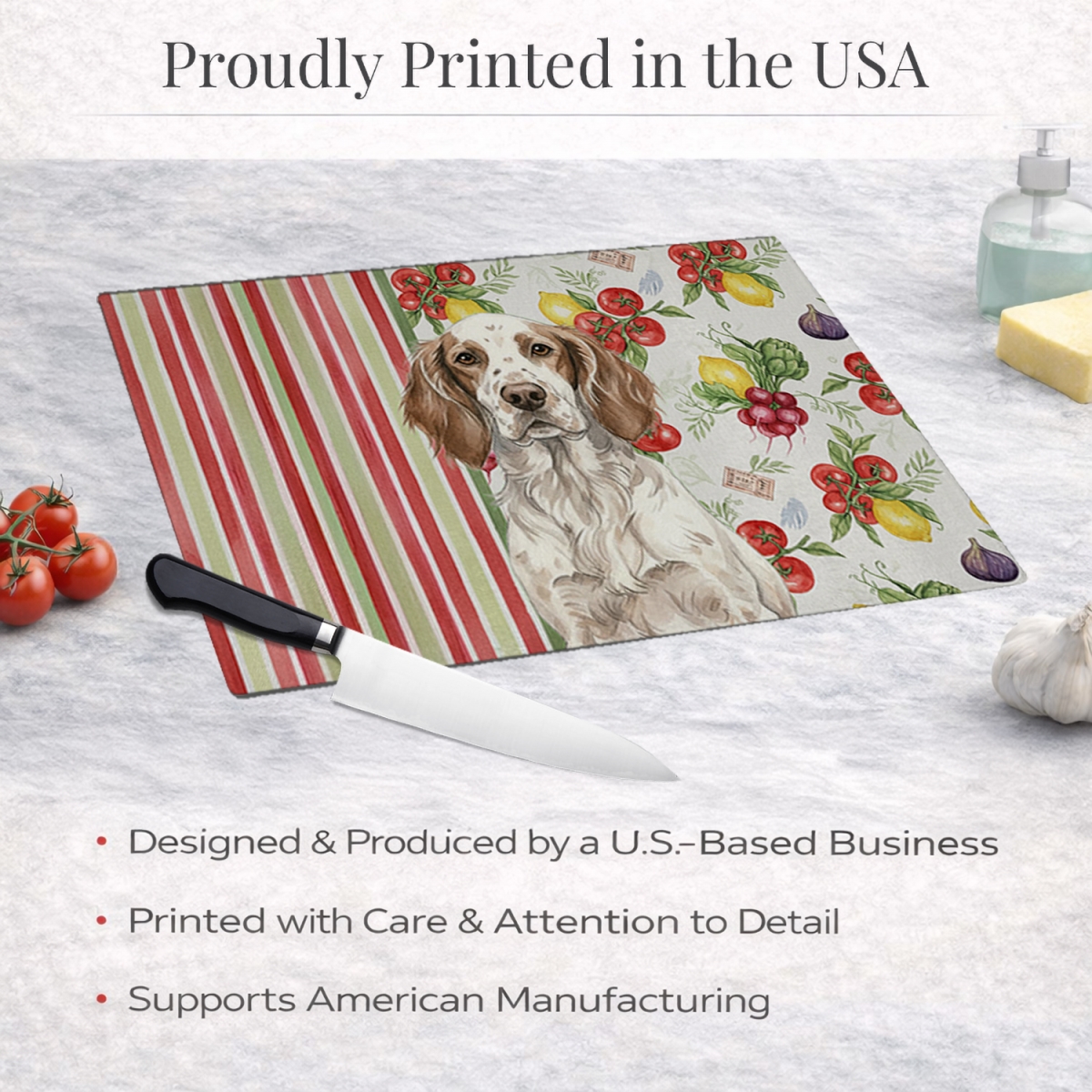 Picture of Carolines Treasures WDK8229LCB 11.25 x 15.25 in. Liver Belton English Setter Vegetables Glass Cutting Board