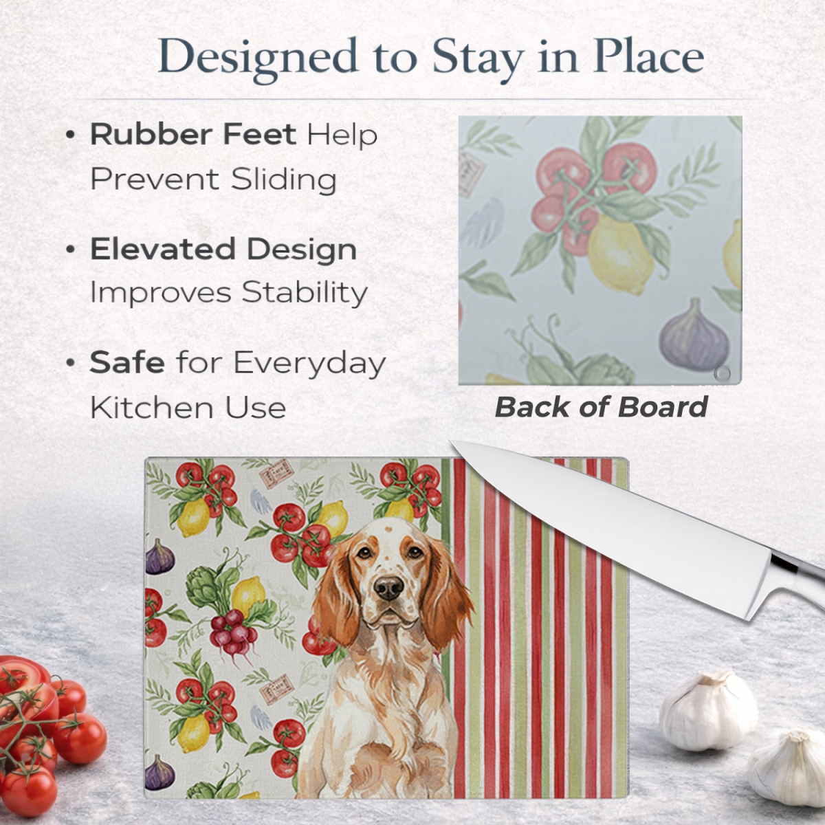 Picture of Carolines Treasures WDK8230LCB 11.25 x 15.25 in. Orange Belton English Setter Vegetables Glass Cutting Board