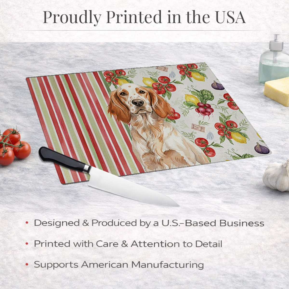 Picture of Carolines Treasures WDK8230LCB 11.25 x 15.25 in. Orange Belton English Setter Vegetables Glass Cutting Board