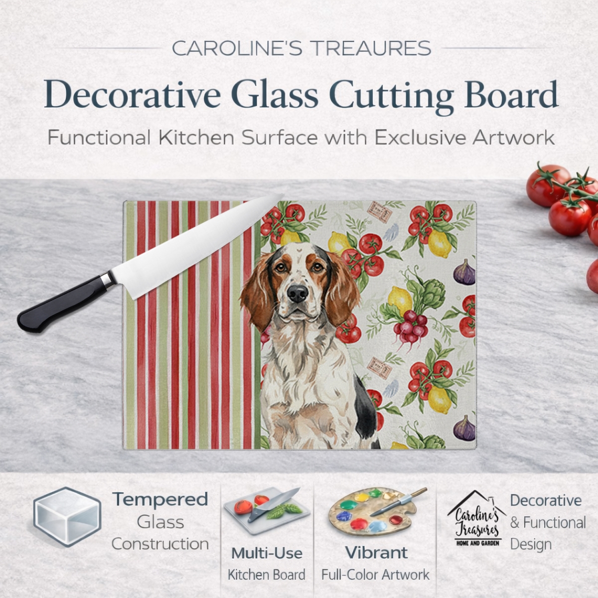 Picture of Carolines Treasures WDK8231LCB 11.25 x 15.25 in. Tricolor English Setter Vegetables Glass Cutting Board
