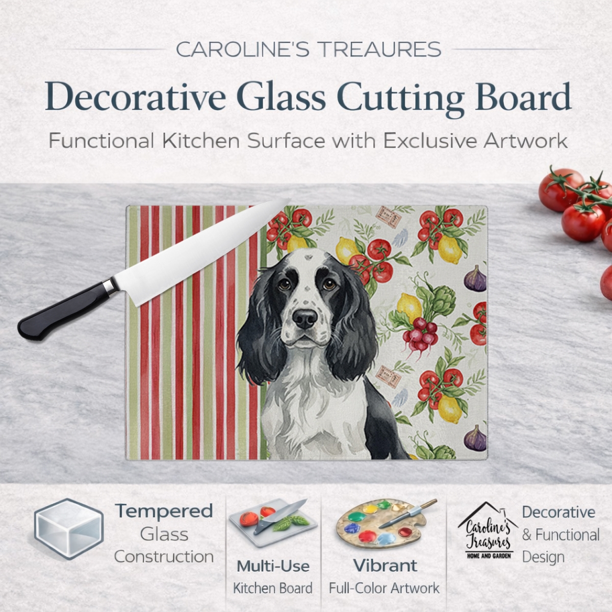 Picture of Carolines Treasures WDK8232LCB 11.25 x 15.25 in. Black & White English Springer Spaniel Vegetables Glass Cutting Board