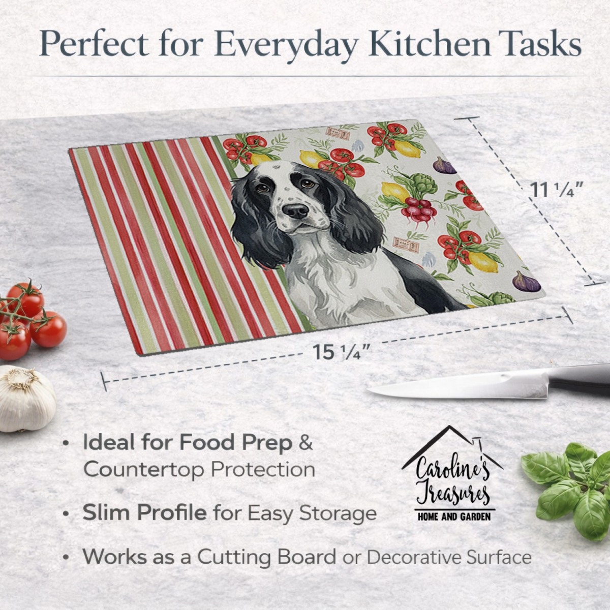 Picture of Carolines Treasures WDK8232LCB 11.25 x 15.25 in. Black & White English Springer Spaniel Vegetables Glass Cutting Board