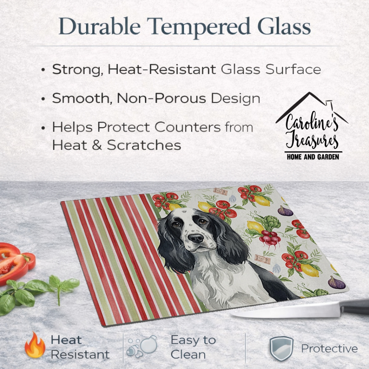 Picture of Carolines Treasures WDK8232LCB 11.25 x 15.25 in. Black & White English Springer Spaniel Vegetables Glass Cutting Board