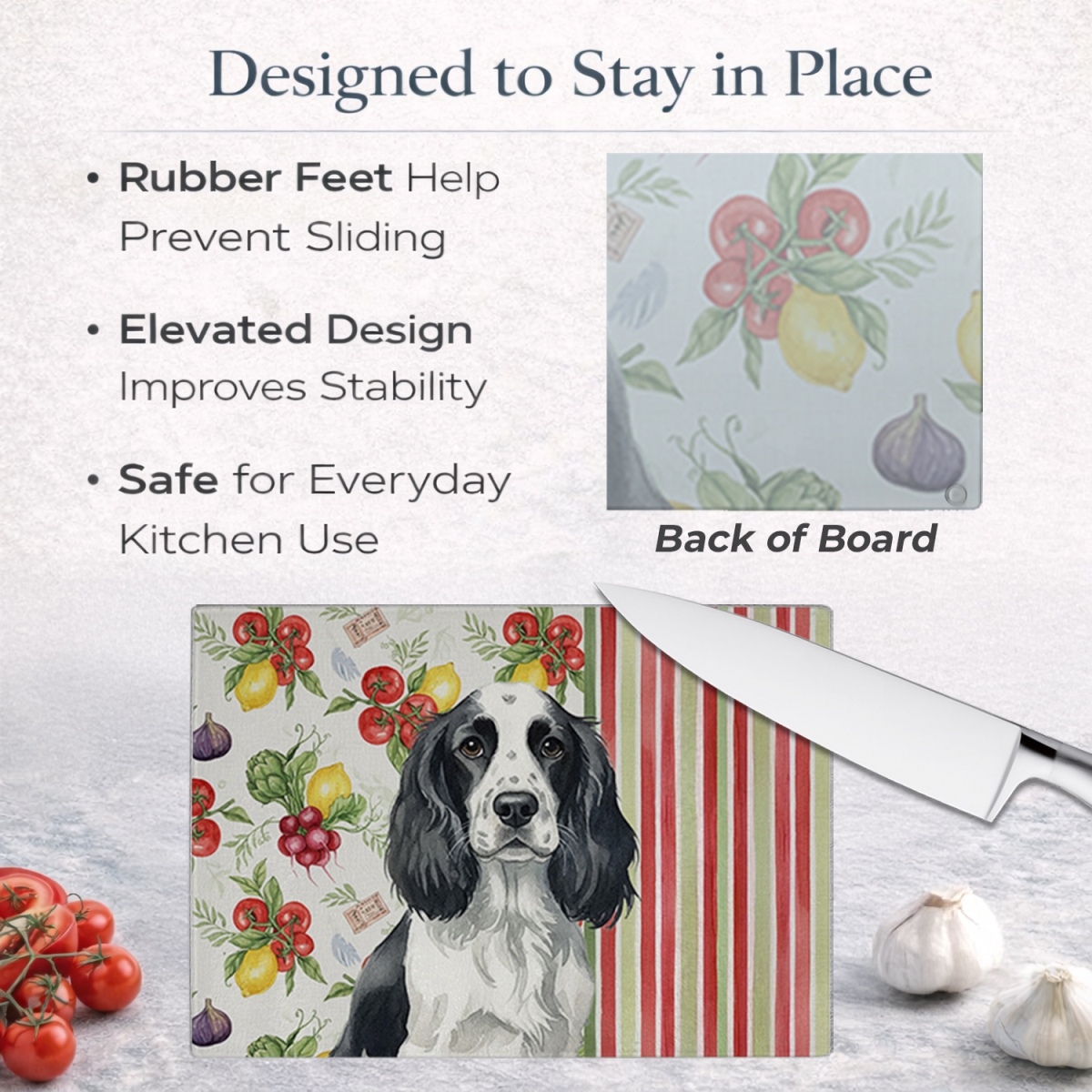 Picture of Carolines Treasures WDK8232LCB 11.25 x 15.25 in. Black & White English Springer Spaniel Vegetables Glass Cutting Board