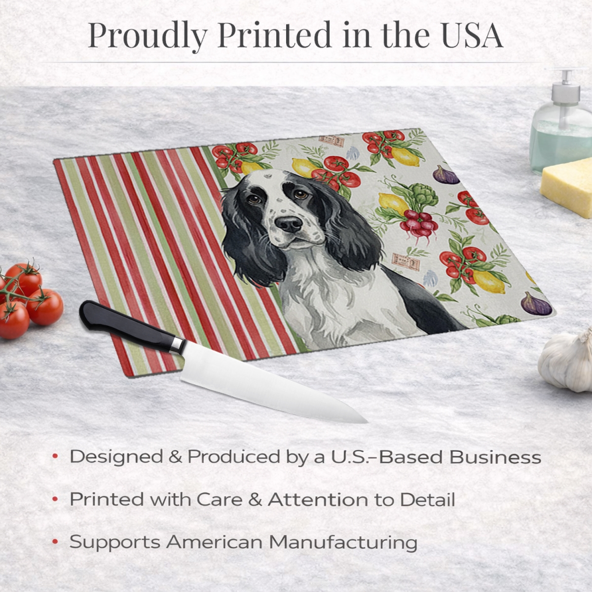 Picture of Carolines Treasures WDK8232LCB 11.25 x 15.25 in. Black & White English Springer Spaniel Vegetables Glass Cutting Board