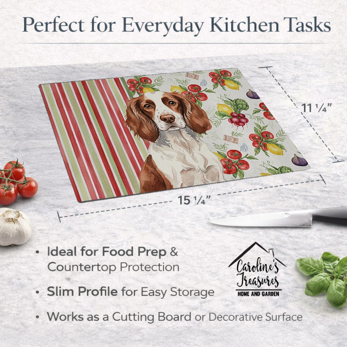 Picture of Carolines Treasures WDK8233LCB 11.25 x 15.25 in. Liver & White English Springer Spaniel Vegetables Glass Cutting Board