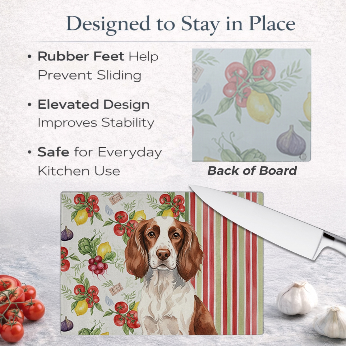 Picture of Carolines Treasures WDK8233LCB 11.25 x 15.25 in. Liver & White English Springer Spaniel Vegetables Glass Cutting Board