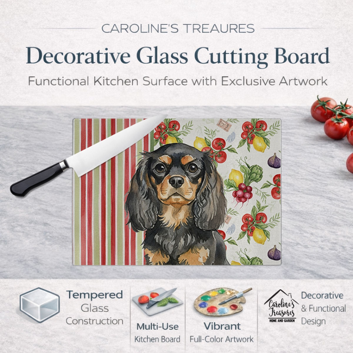 Picture of Carolines Treasures WDK8234LCB 11.25 x 15.25 in. Black & Tan English Toy Spaniel Vegetables Glass Cutting Board