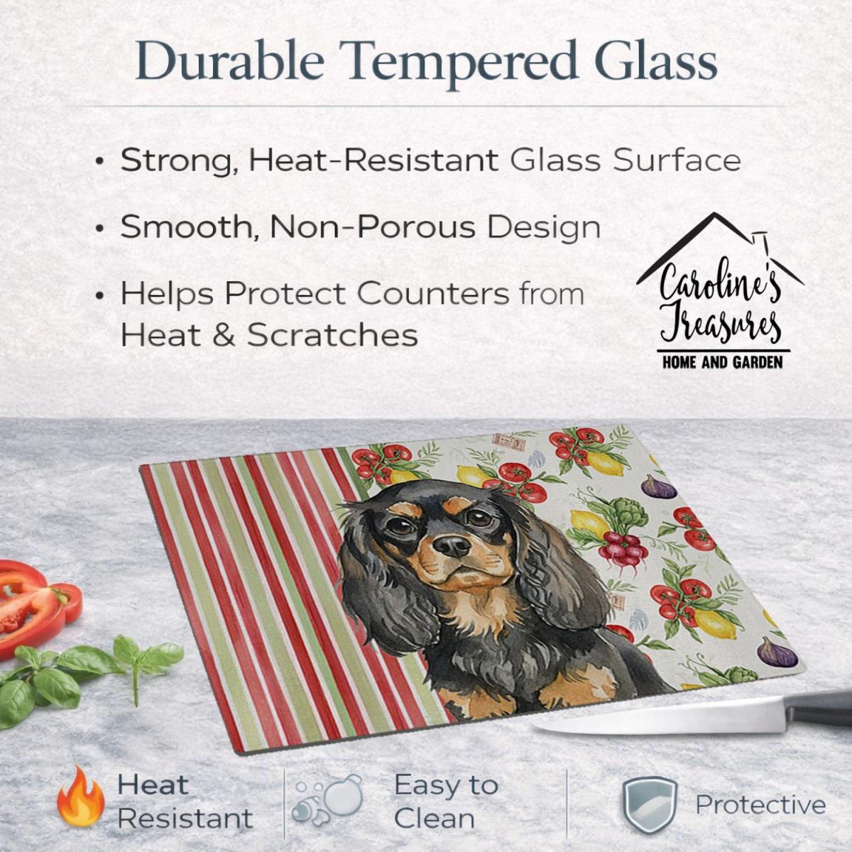 Picture of Carolines Treasures WDK8234LCB 11.25 x 15.25 in. Black & Tan English Toy Spaniel Vegetables Glass Cutting Board