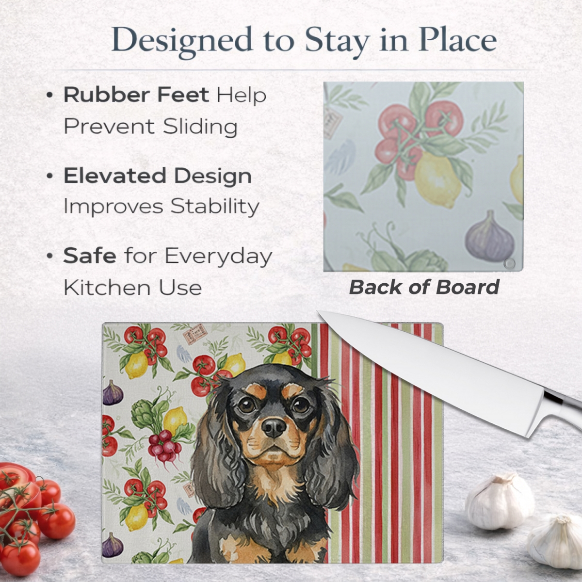 Picture of Carolines Treasures WDK8234LCB 11.25 x 15.25 in. Black & Tan English Toy Spaniel Vegetables Glass Cutting Board
