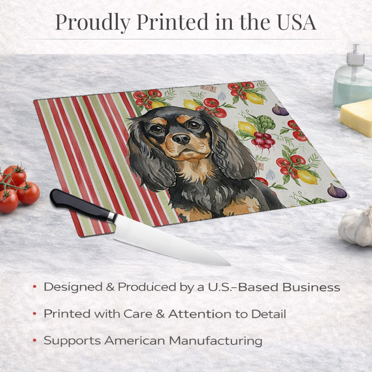 Picture of Carolines Treasures WDK8234LCB 11.25 x 15.25 in. Black & Tan English Toy Spaniel Vegetables Glass Cutting Board