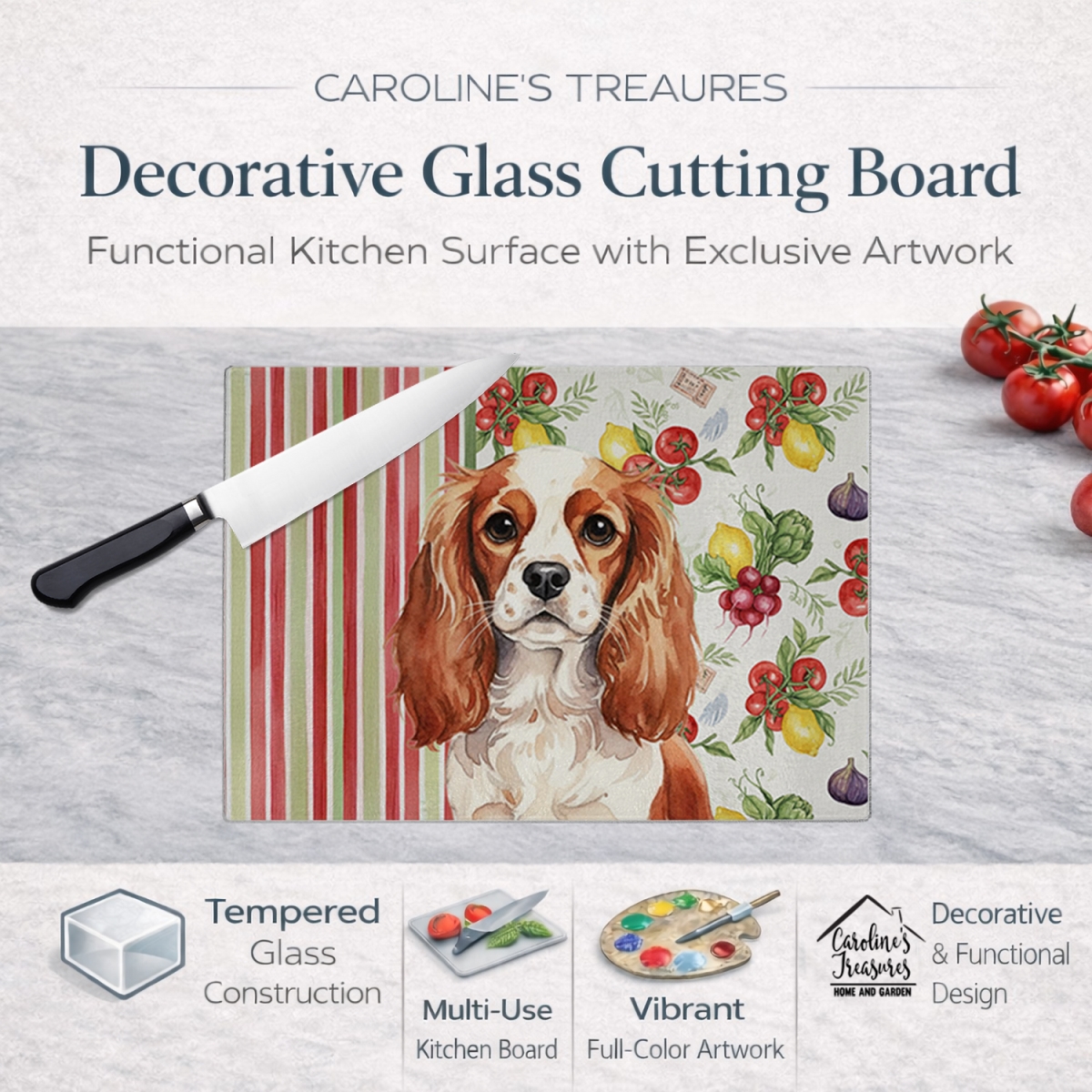 Picture of Carolines Treasures WDK8235LCB 11.25 x 15.25 in. Blenheim English Toy Spaniel Vegetables Glass Cutting Board
