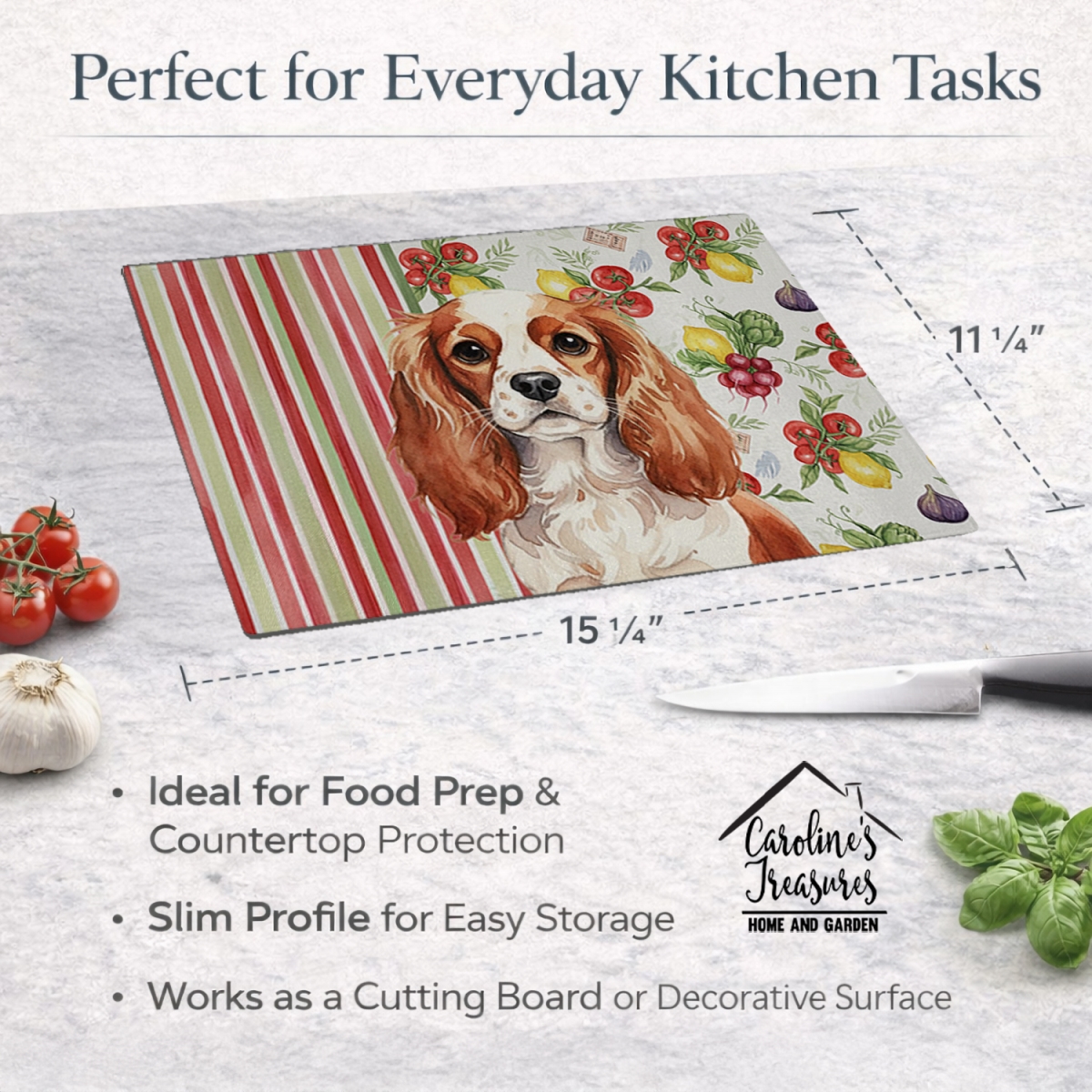 Picture of Carolines Treasures WDK8235LCB 11.25 x 15.25 in. Blenheim English Toy Spaniel Vegetables Glass Cutting Board