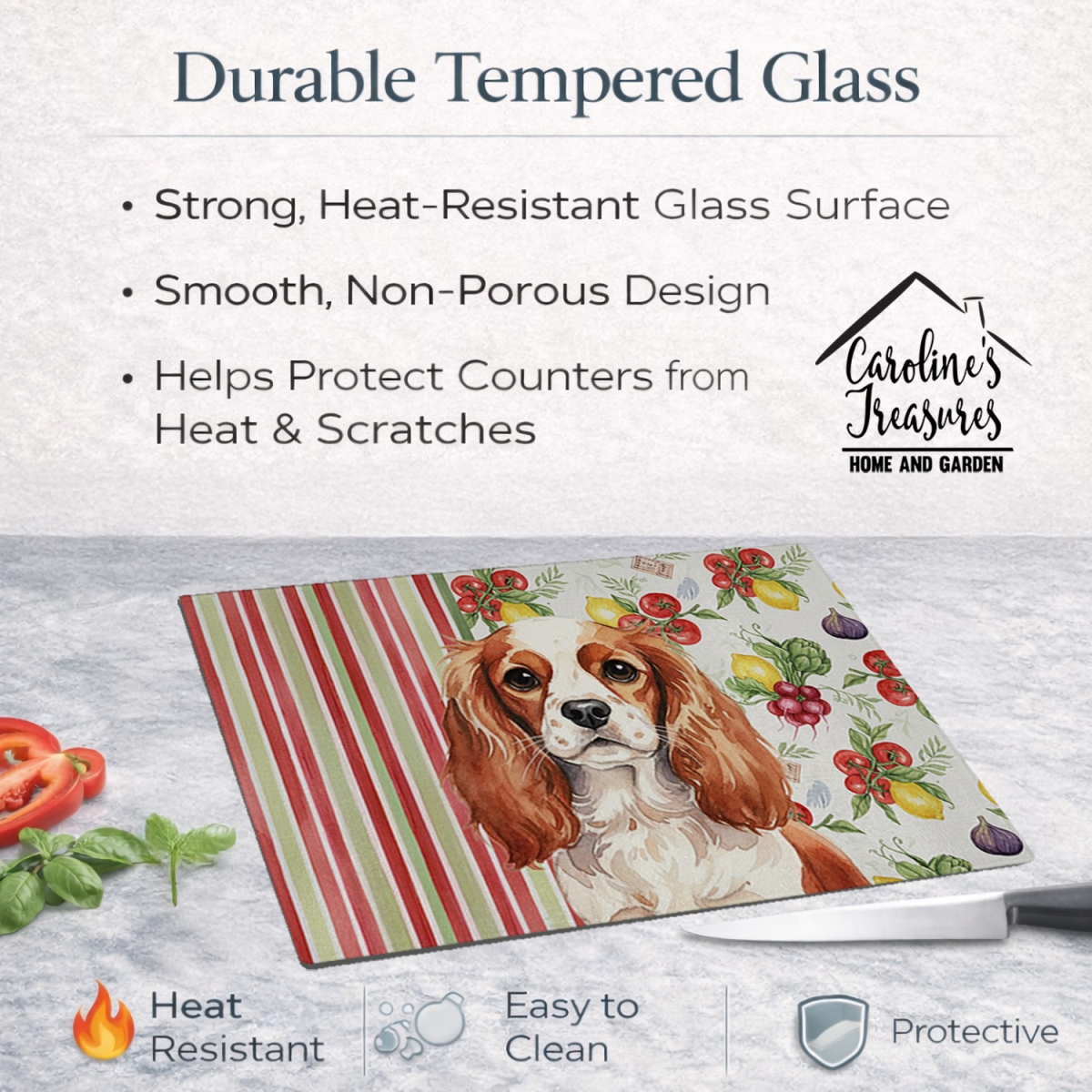 Picture of Carolines Treasures WDK8235LCB 11.25 x 15.25 in. Blenheim English Toy Spaniel Vegetables Glass Cutting Board